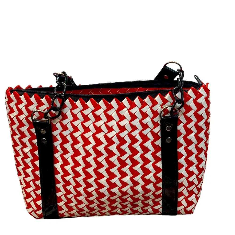 Handmade Candy Wrapper Purse, Eco-Friendly, Recycled Red‎ White Zip